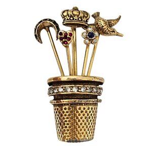 Jeanne Thimble Brooch Vintage Moon Crown Bird Rhinestone Pin Signed, J435